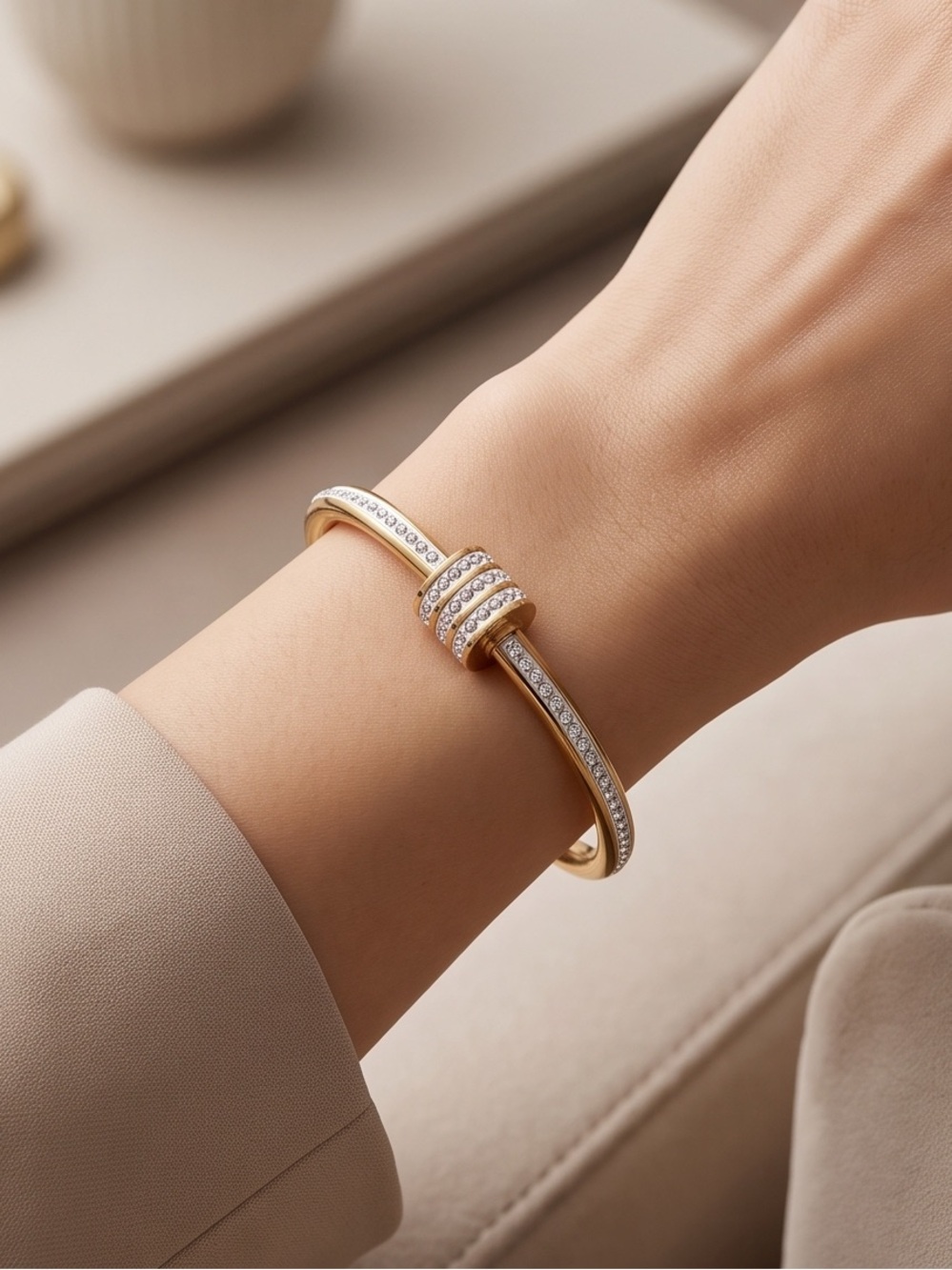 Gold Crystal-Accented Knot Cuff Bracelet - Elegant Women's Jewelry size 7